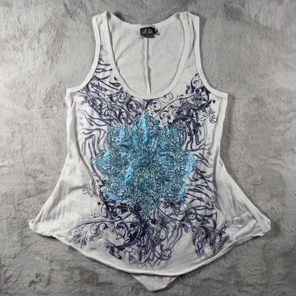 Dots Womens Graphic Tank Top White Teal Mandala Sharkbite Hem‎ Size Medium